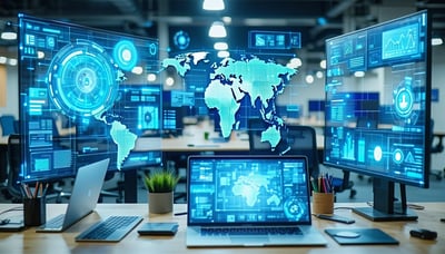 Illustration of AI-powered automation streamlining workplace tasks Illustration of AI-powered automation streamlining workplace tasks